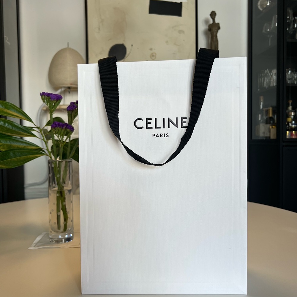 Empty Celine Elegant White shopping bag with Black fabric Straps
